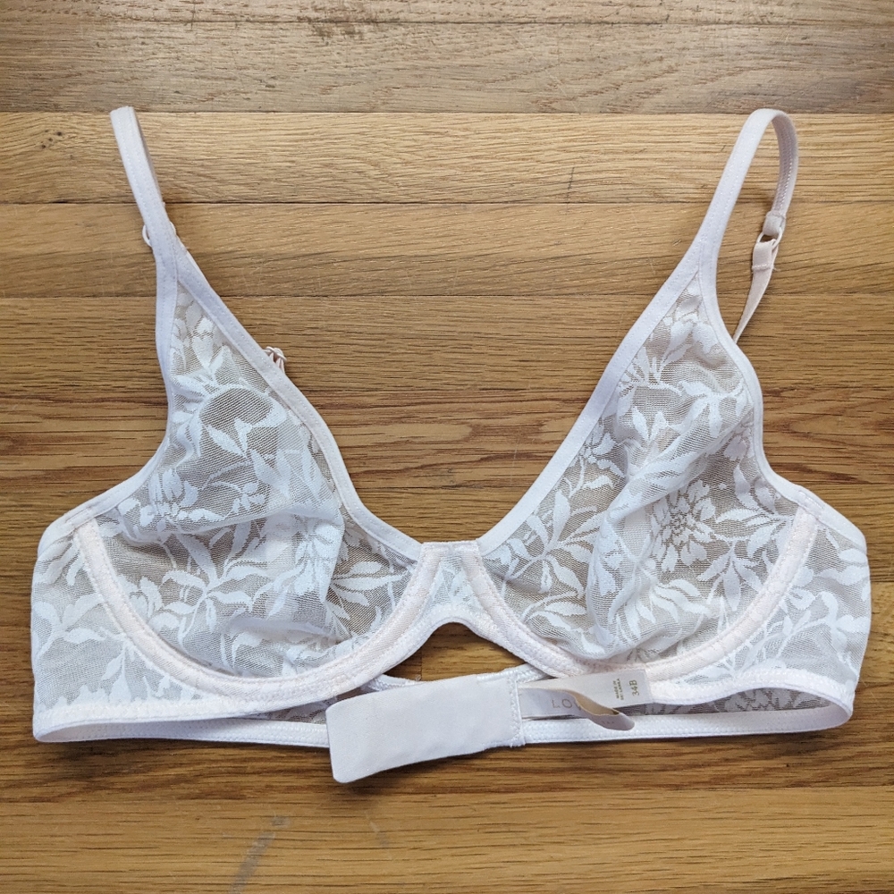 Pale pink/ white sheer lace bra bralette underwire 34B